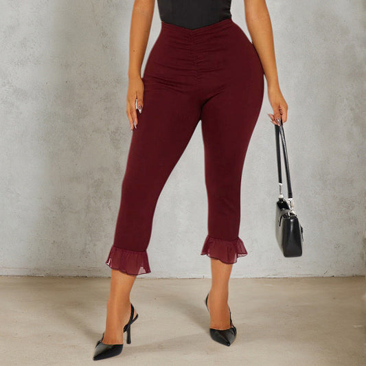 Women Clothing Spring Summer Ruffled Pleated V Waist Solid Color Sheath Stretch Cropped Casual Pants