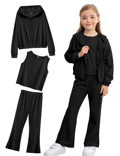 LecGee Girls Set Long Sleeve Zip Jacket Basic Tanks Flared Pants Set Casual Outfit Toddler Kid Clothing set(Black140)