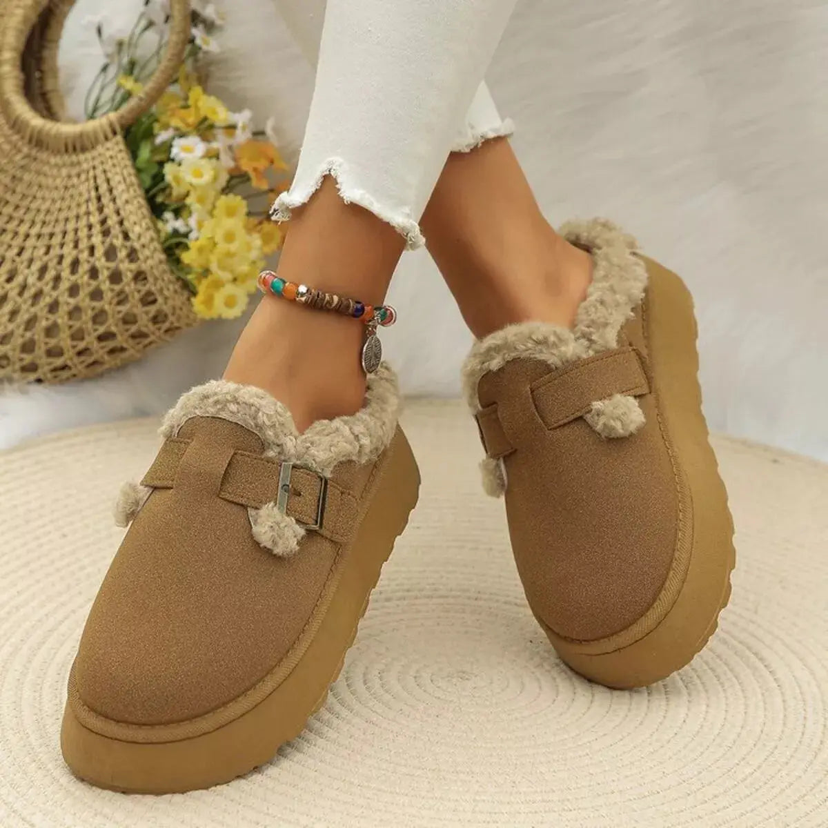 Round Toe Platform Fleece-Lined Slip-Ons