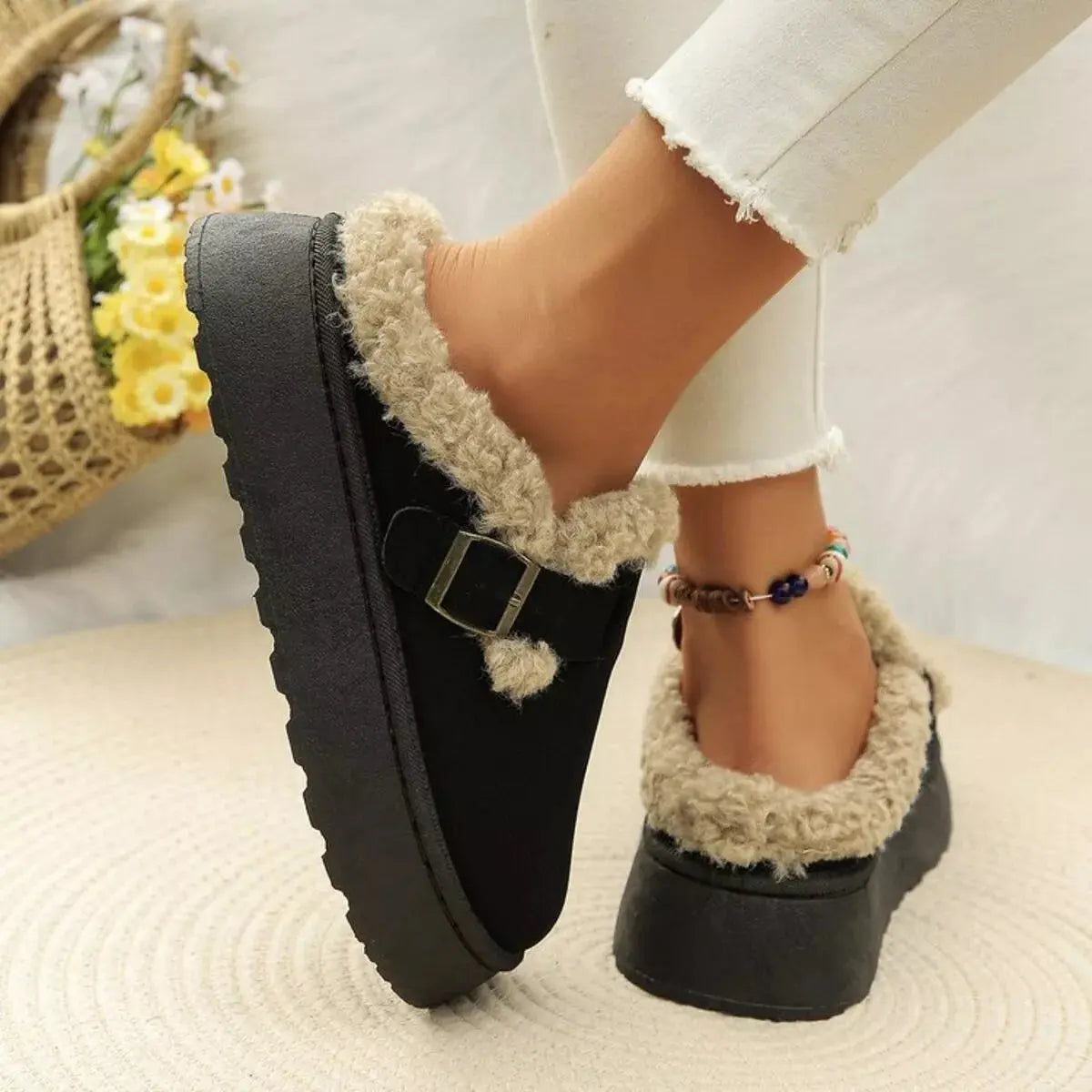 Round Toe Platform Fleece-Lined Slip-Ons