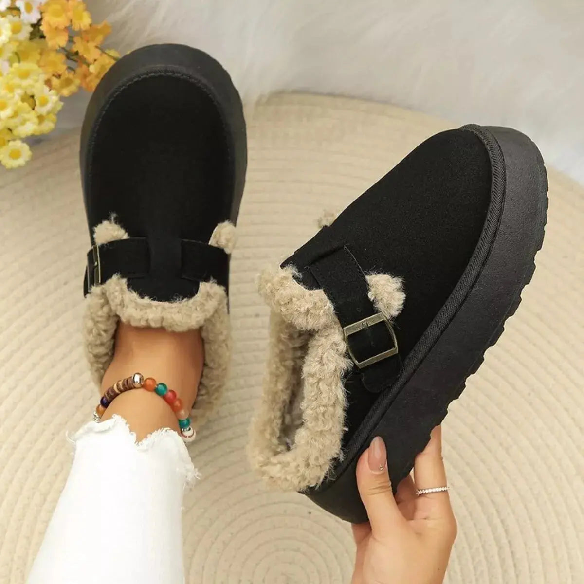 Round Toe Platform Fleece-Lined Slip-Ons