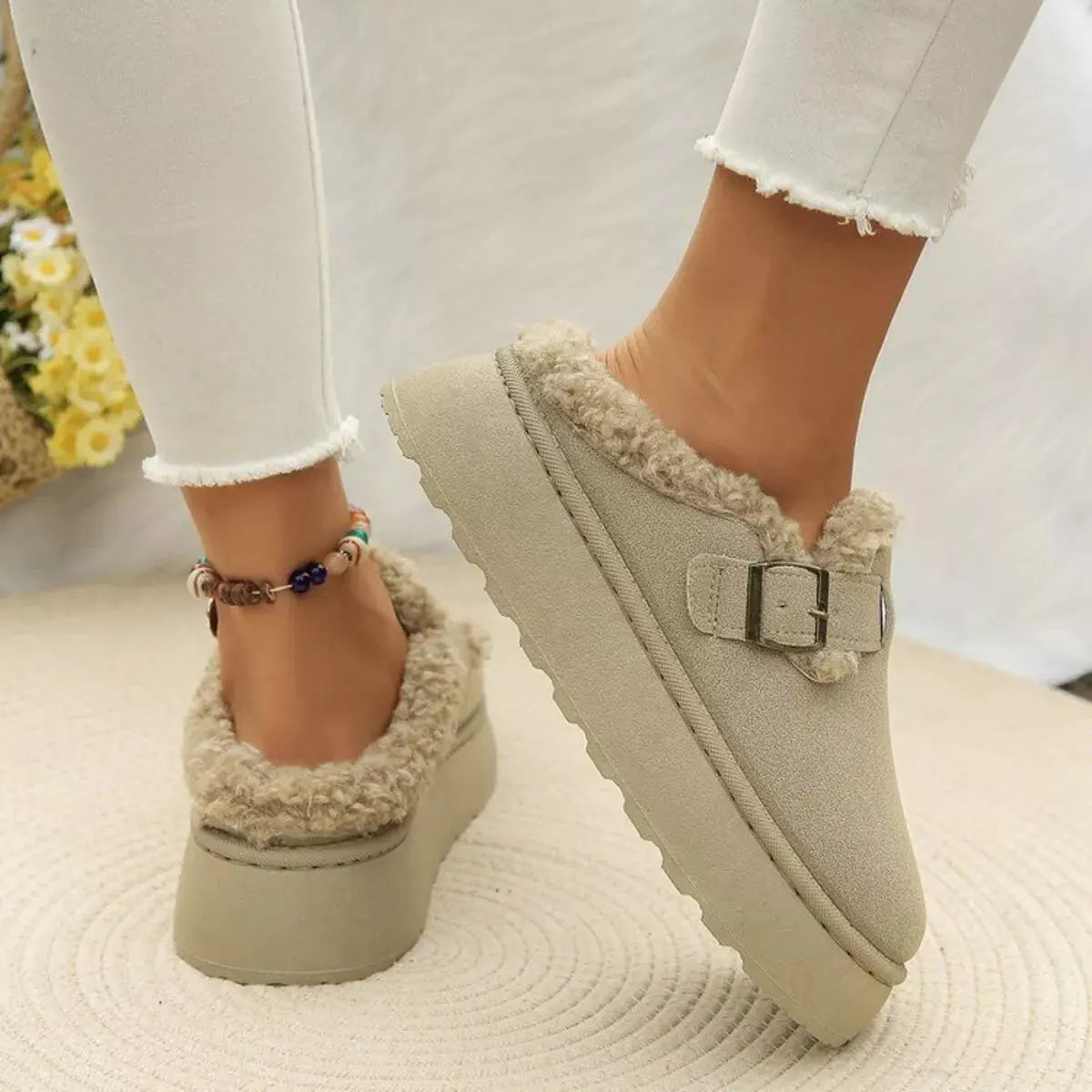 Round Toe Platform Fleece-Lined Slip-Ons