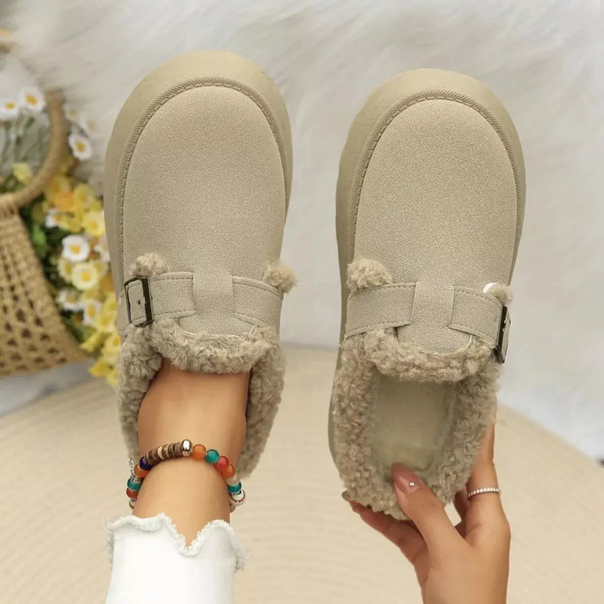 Round Toe Platform Fleece-Lined Slip-Ons