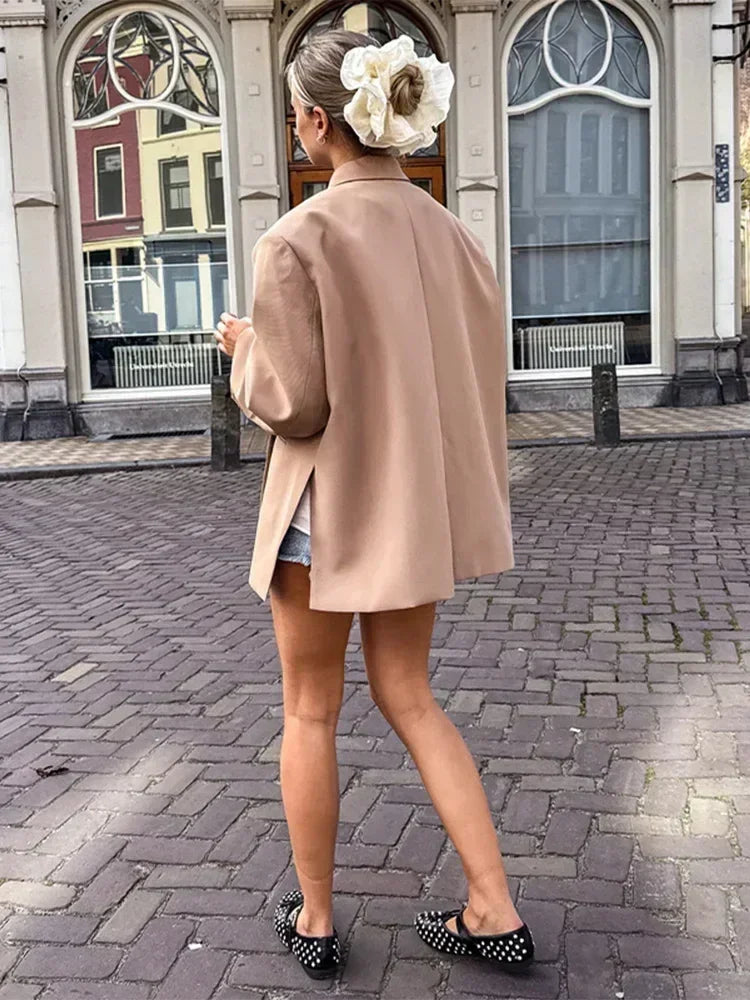 Women's V-Neck Side-Buttoned Suit Jacket Long Sleeve Solid Color Coats Pocket Cuffs Oversize Tops High Street Female Clothes