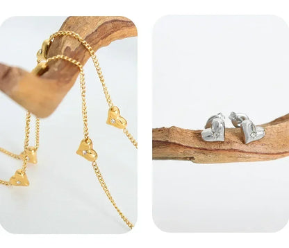 Cute Heart Necklace Earrings Bracelet Jewelry Set Stainless Steel For Women Fashion Shiny Zircon Bridal Accessories Wedding Gift