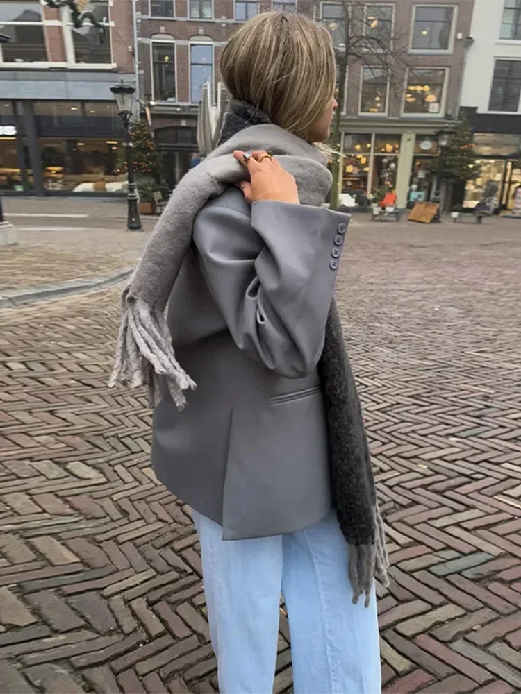 Women's V-Neck Side-Buttoned Suit Jacket Long Sleeve Solid Color Coats Pocket Cuffs Oversize Tops High Street Female Clothes