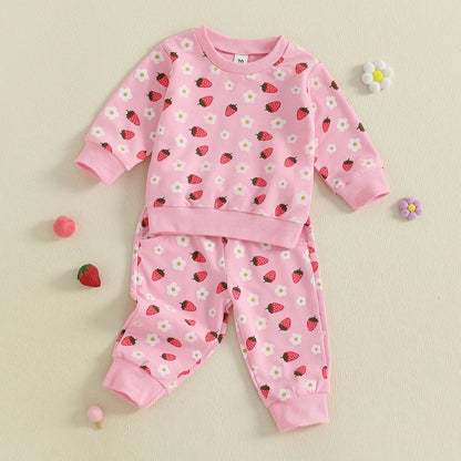 Baby Toddler Girl 2Pcs Fall Outfit Strawberry Flower Print Crew Neck Long Sleeve Top with Jogger Pants Set
