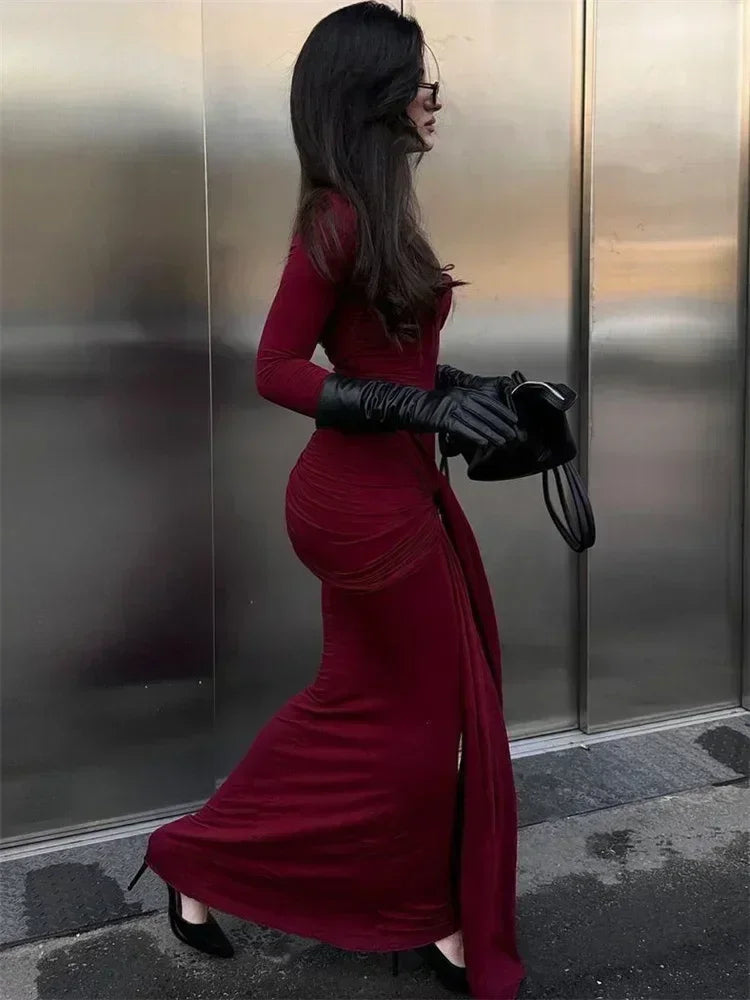 Tossy Female Pleated Sexy Maxi Dress Patchwork Twist Slim Long Sleeve Solid Y2k Autumn Streetwear Dress Women's Bodycon Dress
