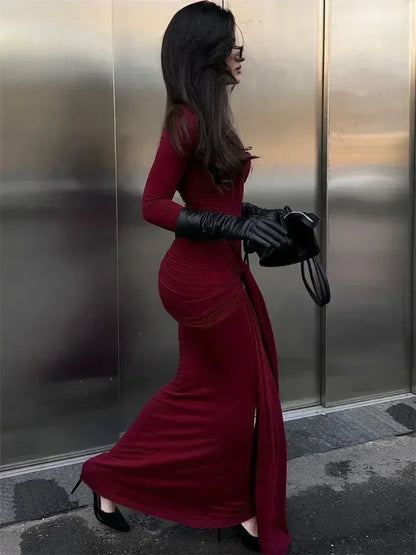 Tossy Female Pleated Sexy Maxi Dress Patchwork Twist Slim Long Sleeve Solid Y2k Autumn Streetwear Dress Women's Bodycon Dress