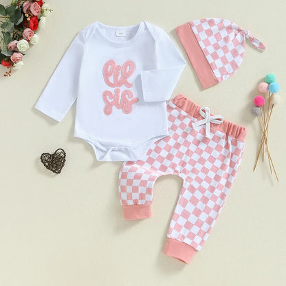 Baby Boys Girls 3Pcs Lil Bro / Sis Fall Outfit Letter Embroidery Long Sleeve Romper Checkered Print Pants Beanie Hat Set