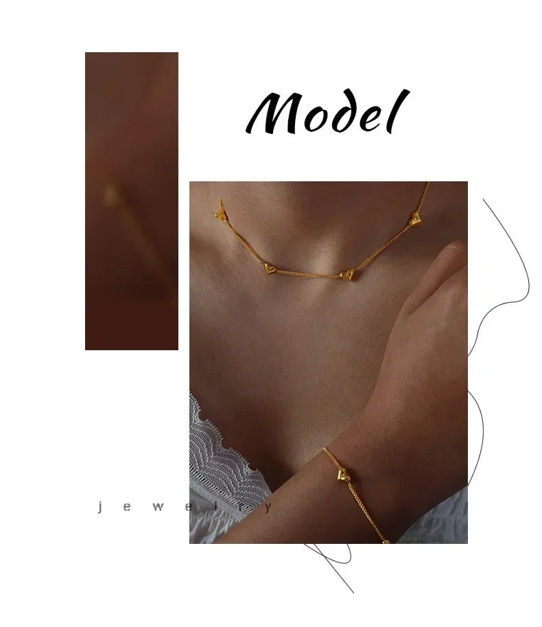 Cute Heart Necklace Earrings Bracelet Jewelry Set Stainless Steel For Women Fashion Shiny Zircon Bridal Accessories Wedding Gift