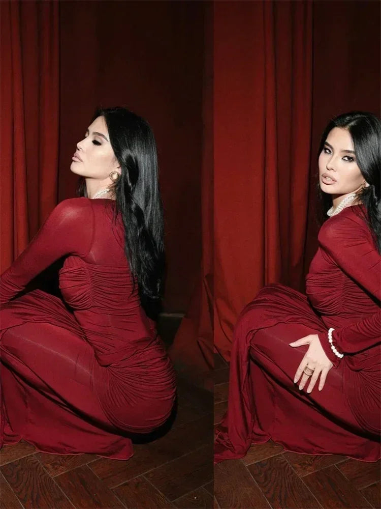 Tossy Female Pleated Sexy Maxi Dress Patchwork Twist Slim Long Sleeve Solid Y2k Autumn Streetwear Dress Women's Bodycon Dress