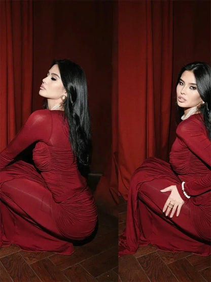 Tossy Female Pleated Sexy Maxi Dress Patchwork Twist Slim Long Sleeve Solid Y2k Autumn Streetwear Dress Women's Bodycon Dress