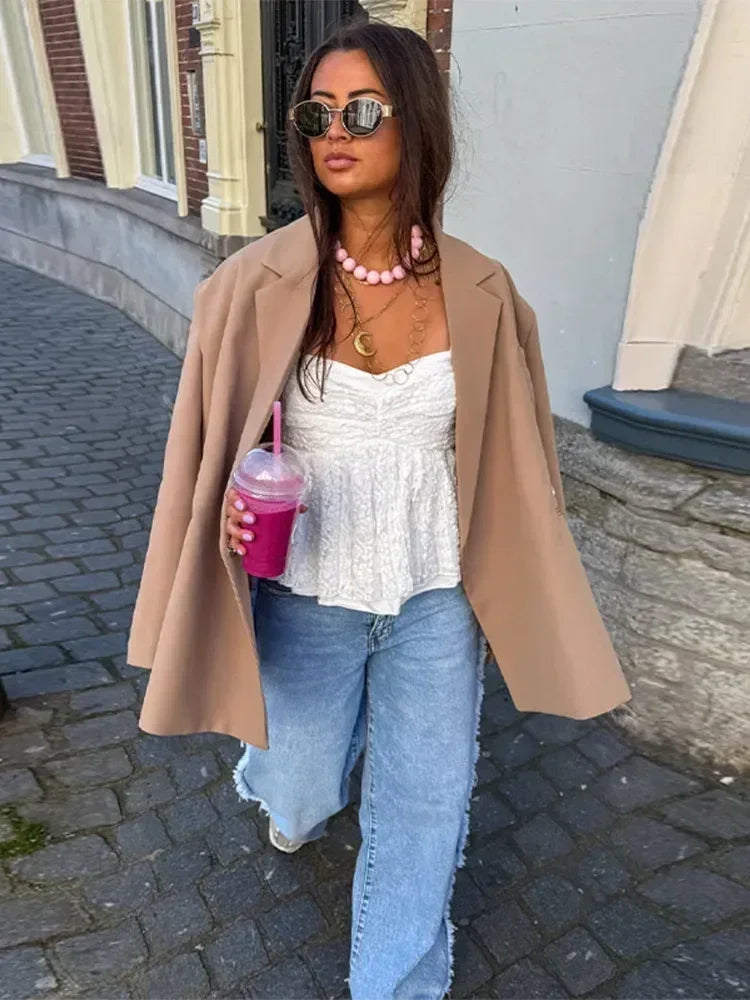 Women's V-Neck Side-Buttoned Suit Jacket Long Sleeve Solid Color Coats Pocket Cuffs Oversize Tops High Street Female Clothes