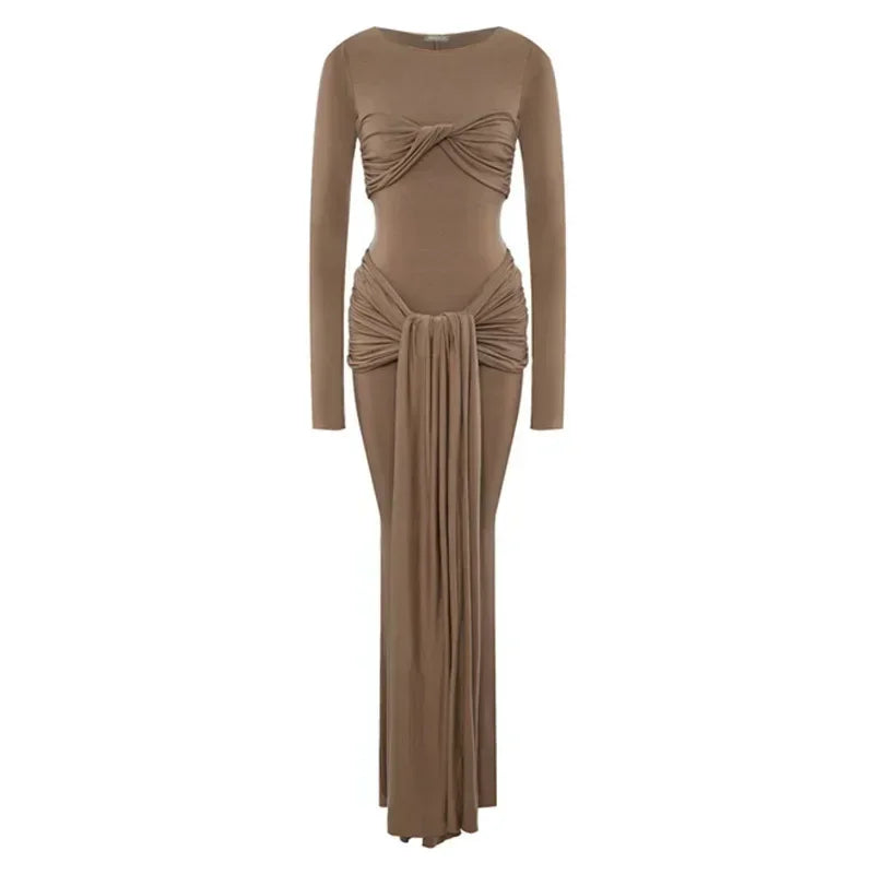 Tossy Female Pleated Sexy Maxi Dress Patchwork Twist Slim Long Sleeve Solid Y2k Autumn Streetwear Dress Women's Bodycon Dress