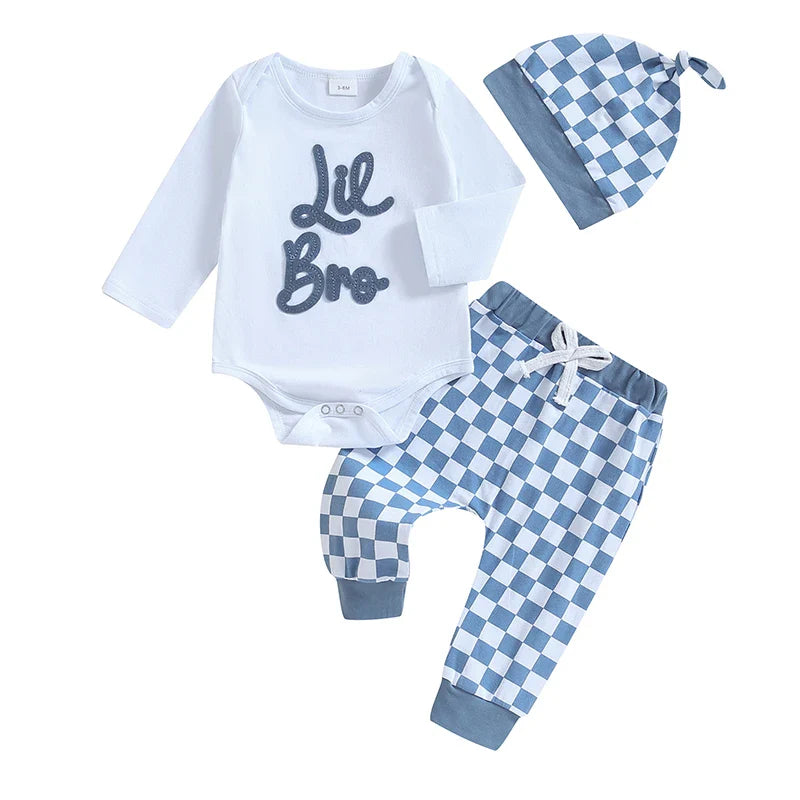 Baby Boys Girls 3Pcs Lil Bro / Sis Fall Outfit Letter Embroidery Long Sleeve Romper Checkered Print Pants Beanie Hat Set
