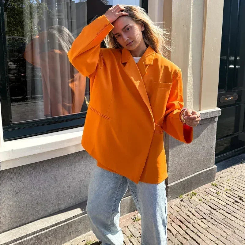 Women's V-Neck Side-Buttoned Suit Jacket Long Sleeve Solid Color Coats Pocket Cuffs Oversize Tops High Street Female Clothes