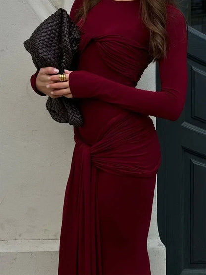 Tossy Female Pleated Sexy Maxi Dress Patchwork Twist Slim Long Sleeve Solid Y2k Autumn Streetwear Dress Women's Bodycon Dress