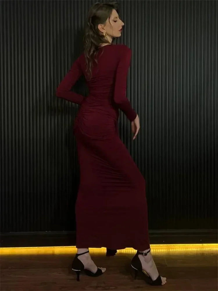 Tossy Female Pleated Sexy Maxi Dress Patchwork Twist Slim Long Sleeve Solid Y2k Autumn Streetwear Dress Women's Bodycon Dress