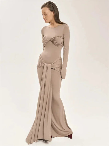 Tossy Female Pleated Sexy Maxi Dress Patchwork Twist Slim Long Sleeve Solid Y2k Autumn Streetwear Dress Women's Bodycon Dress