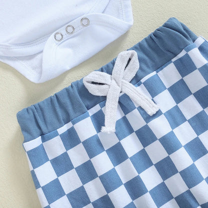 Baby Boys Girls 3Pcs Lil Bro / Sis Fall Outfit Letter Embroidery Long Sleeve Romper Checkered Print Pants Beanie Hat Set