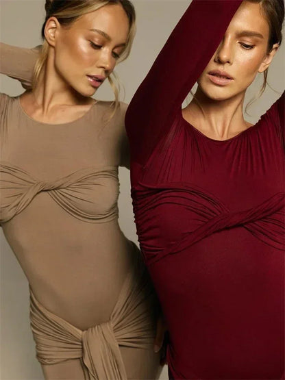 Tossy Female Pleated Sexy Maxi Dress Patchwork Twist Slim Long Sleeve Solid Y2k Autumn Streetwear Dress Women's Bodycon Dress