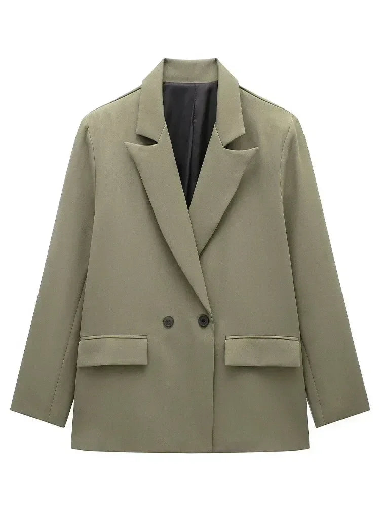 Willshela Women Fashion With Pockets Solid Double Breasted Blazer Vintage Long Sleeves Notched Neck Female Office Lady Outfits