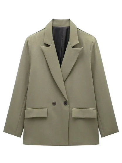 Willshela Women Fashion With Pockets Solid Double Breasted Blazer Vintage Long Sleeves Notched Neck Female Office Lady Outfits