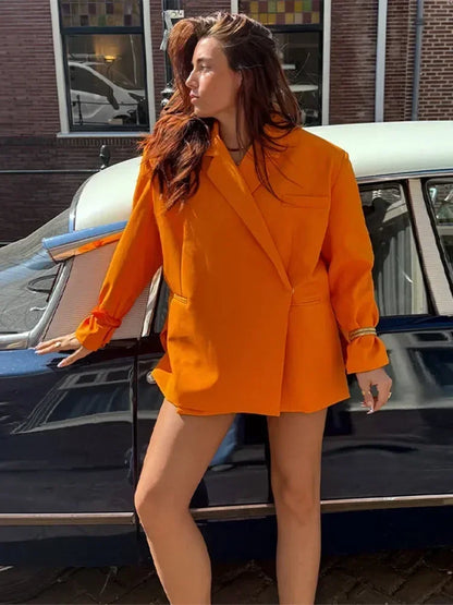 Women's V-Neck Side-Buttoned Suit Jacket Long Sleeve Solid Color Coats Pocket Cuffs Oversize Tops High Street Female Clothes