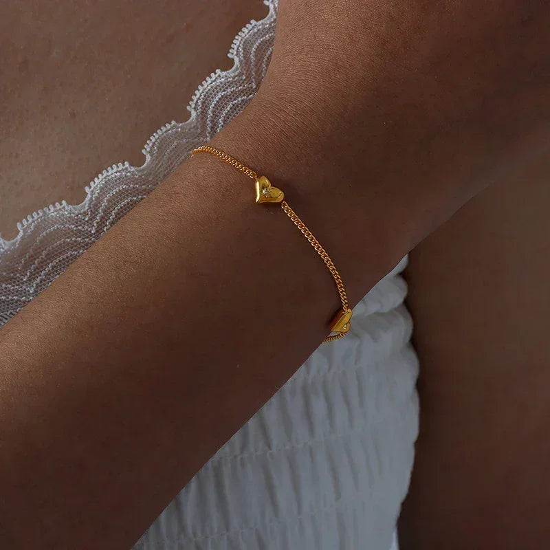 Cute Heart Necklace Earrings Bracelet Jewelry Set Stainless Steel For Women Fashion Shiny Zircon Bridal Accessories Wedding Gift