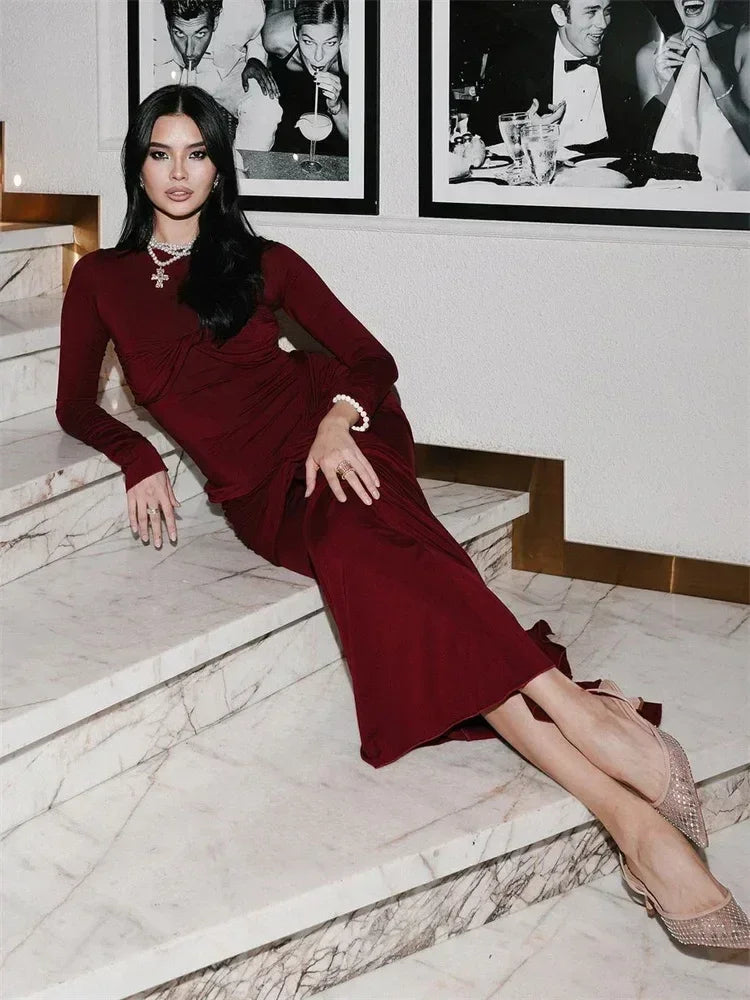 Tossy Female Pleated Sexy Maxi Dress Patchwork Twist Slim Long Sleeve Solid Y2k Autumn Streetwear Dress Women's Bodycon Dress