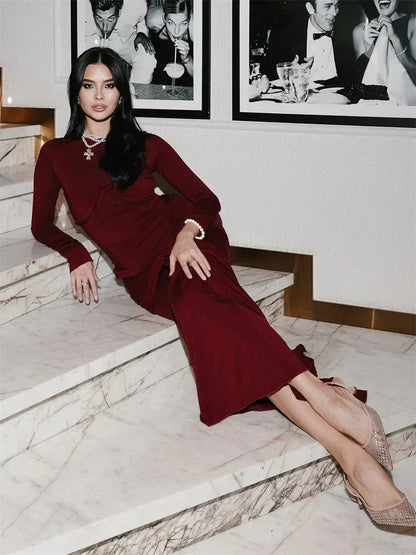 Tossy Female Pleated Sexy Maxi Dress Patchwork Twist Slim Long Sleeve Solid Y2k Autumn Streetwear Dress Women's Bodycon Dress