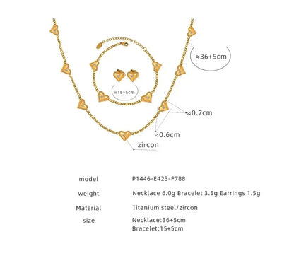 Cute Heart Necklace Earrings Bracelet Jewelry Set Stainless Steel For Women Fashion Shiny Zircon Bridal Accessories Wedding Gift
