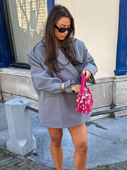 Women's V-Neck Side-Buttoned Suit Jacket Long Sleeve Solid Color Coats Pocket Cuffs Oversize Tops High Street Female Clothes