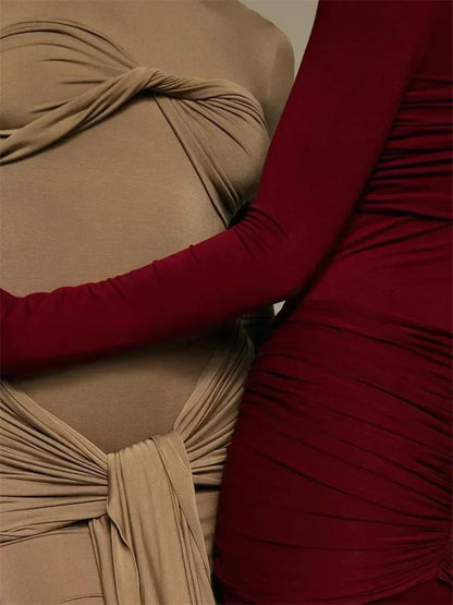 Tossy Female Pleated Sexy Maxi Dress Patchwork Twist Slim Long Sleeve Solid Y2k Autumn Streetwear Dress Women's Bodycon Dress