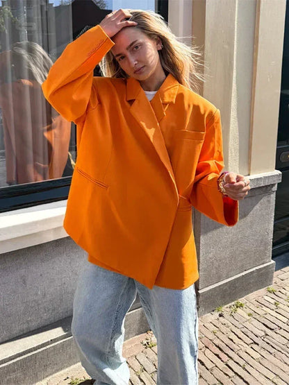 Women's V-Neck Side-Buttoned Suit Jacket Long Sleeve Solid Color Coats Pocket Cuffs Oversize Tops High Street Female Clothes