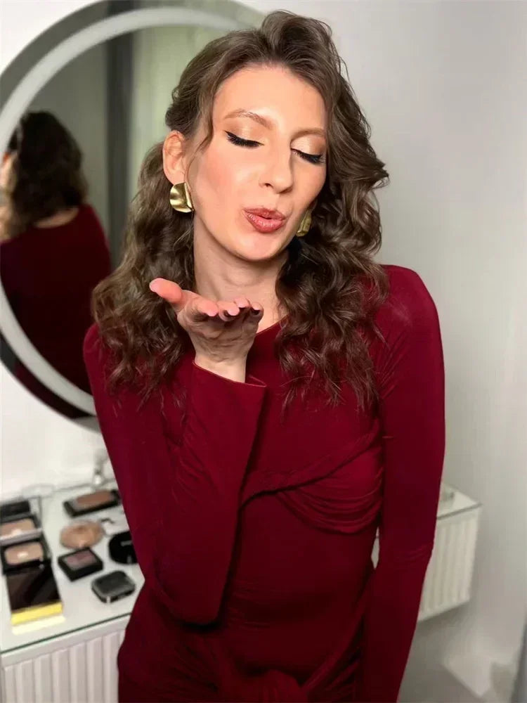 Tossy Female Pleated Sexy Maxi Dress Patchwork Twist Slim Long Sleeve Solid Y2k Autumn Streetwear Dress Women's Bodycon Dress