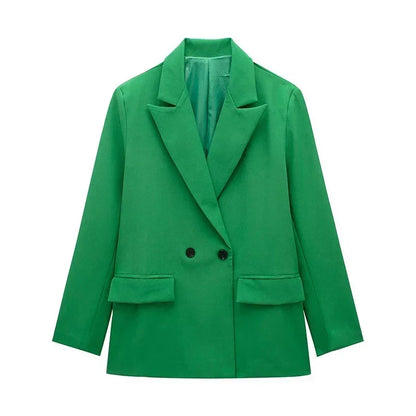 Willshela Women Fashion With Pockets Solid Double Breasted Blazer Vintage Long Sleeves Notched Neck Female Office Lady Outfits