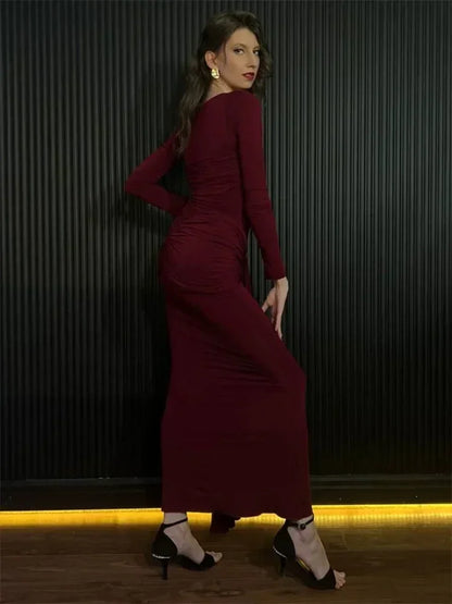 Tossy Female Pleated Sexy Maxi Dress Patchwork Twist Slim Long Sleeve Solid Y2k Autumn Streetwear Dress Women's Bodycon Dress