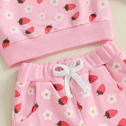 Baby Toddler Girl 2Pcs Fall Outfit Strawberry Flower Print Crew Neck Long Sleeve Top with Jogger Pants Set
