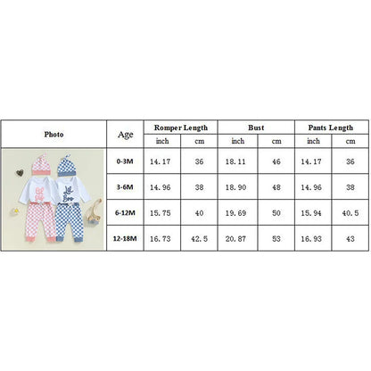 Baby Boys Girls 3Pcs Lil Bro / Sis Fall Outfit Letter Embroidery Long Sleeve Romper Checkered Print Pants Beanie Hat Set