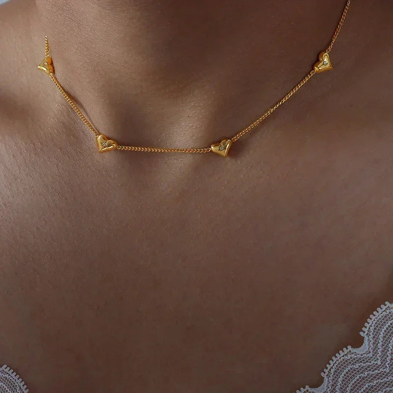 Cute Heart Necklace Earrings Bracelet Jewelry Set Stainless Steel For Women Fashion Shiny Zircon Bridal Accessories Wedding Gift