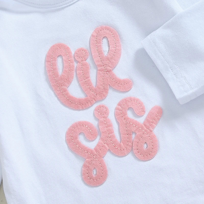 Baby Boys Girls 3Pcs Lil Bro / Sis Fall Outfit Letter Embroidery Long Sleeve Romper Checkered Print Pants Beanie Hat Set