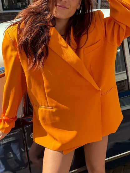 Women's V-Neck Side-Buttoned Suit Jacket Long Sleeve Solid Color Coats Pocket Cuffs Oversize Tops High Street Female Clothes