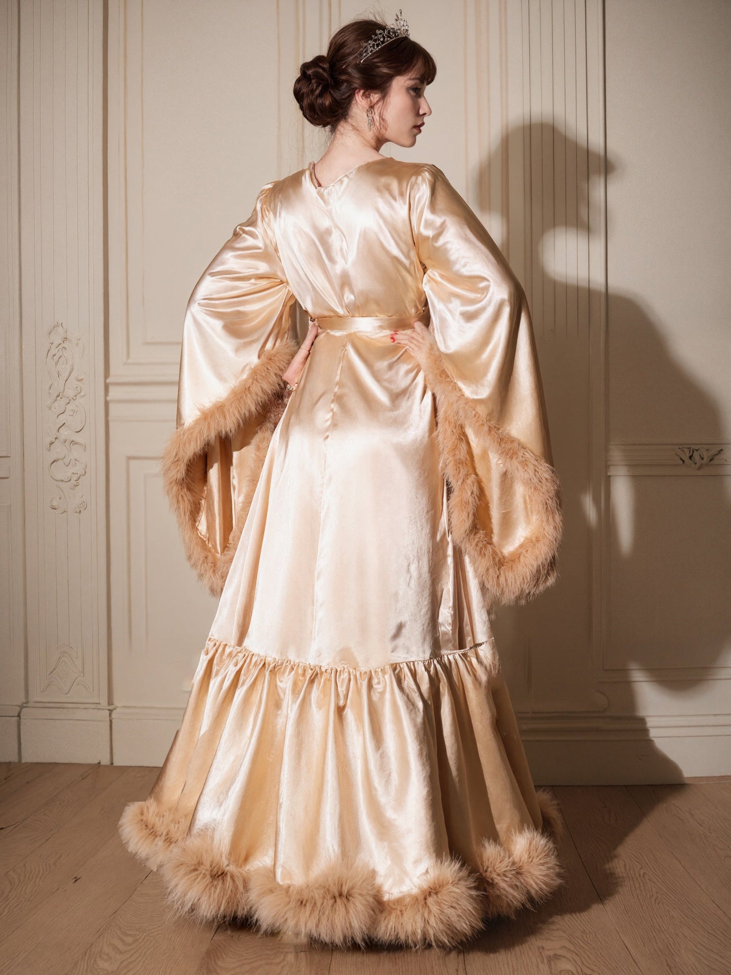 Silky Satin Feather Fringe Hem Long Robe (Victorian Style / Christmas Gift)