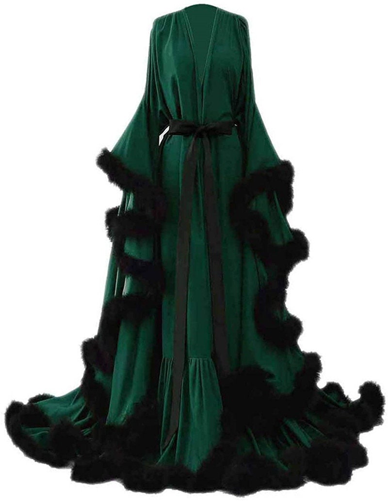 Silky Satin Feather Fringe Hem Long Robe (Victorian Style / Christmas Gift)