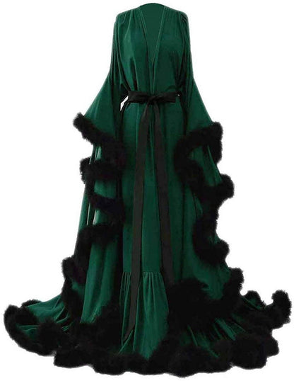 Silky Satin Feather Fringe Hem Long Robe (Victorian Style / Christmas Gift)