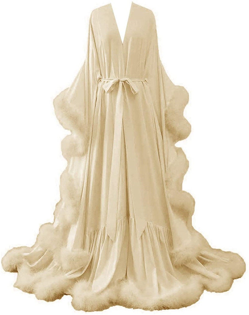 Silky Satin Feather Fringe Hem Long Robe (Victorian Style / Christmas Gift)