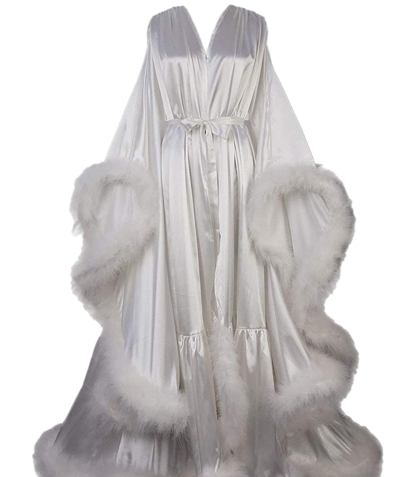 Silky Satin Feather Fringe Hem Long Robe (Victorian Style / Christmas Gift)