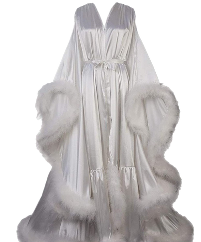 Silky Satin Feather Fringe Hem Long Robe (Victorian Style / Christmas Gift)